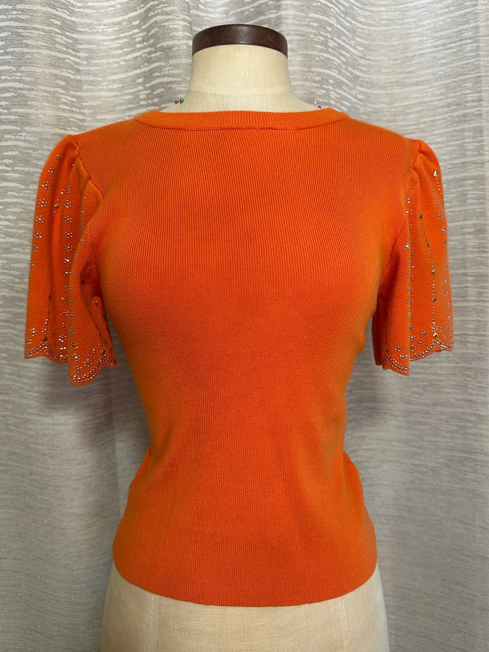 Antwelth Orange Embellished Flutter Sleeve Knit Sweater Top Size S